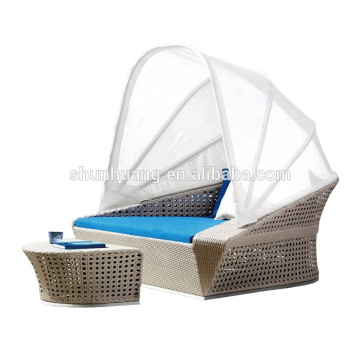 outdoor PE rattan canopy bed beach wicker sun bed chaise lounge